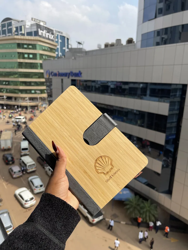 A bamboo notebook engraved with a client’s logo